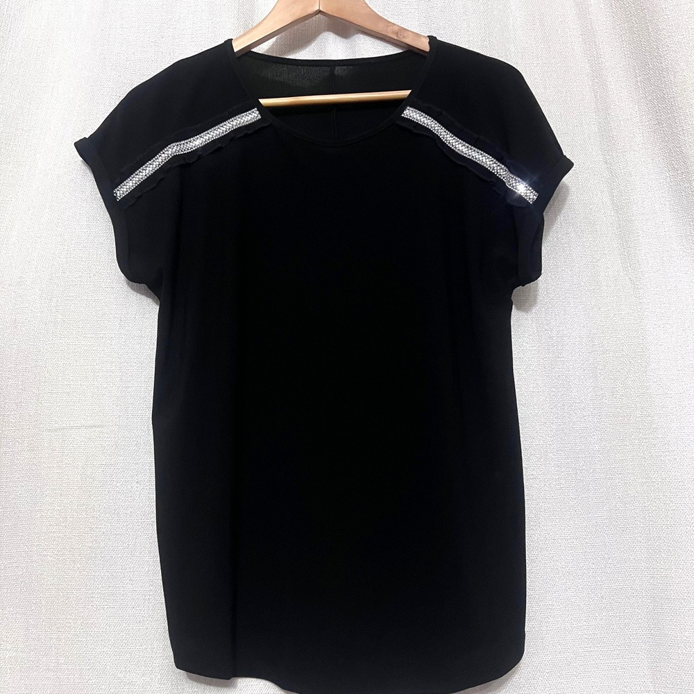 Womens Black Short Sleeve Rhinestone Embellished‎ Top Blouse NYE Fashion Sz M